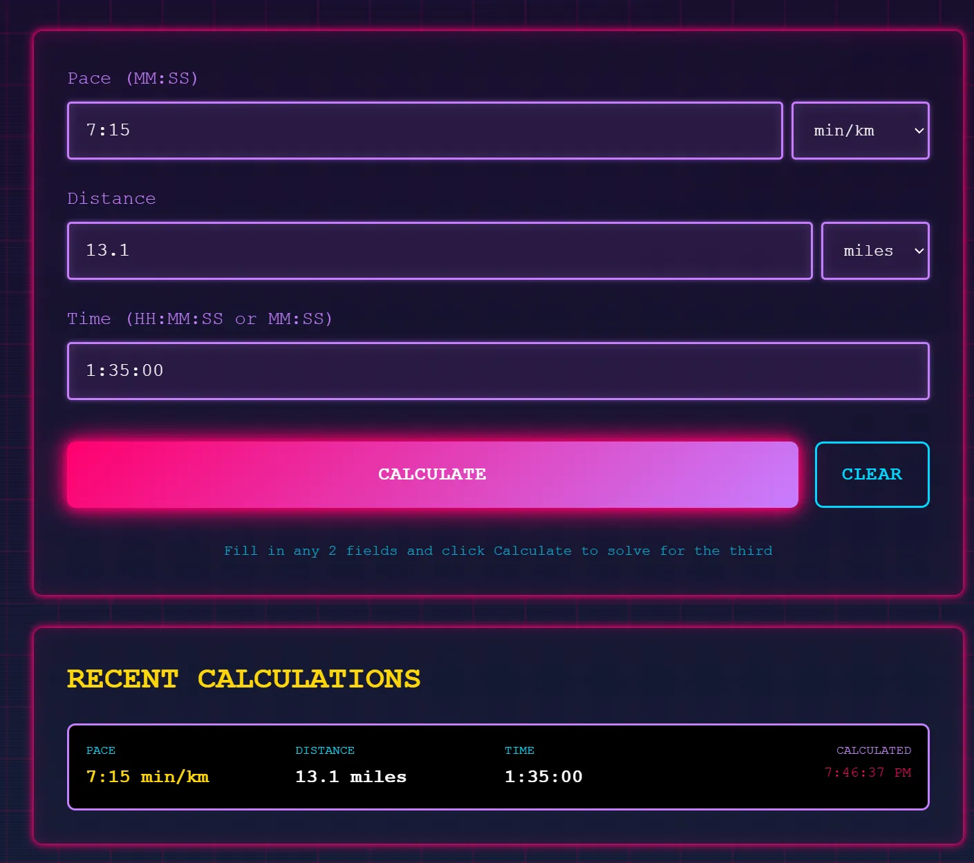 pace calculator test